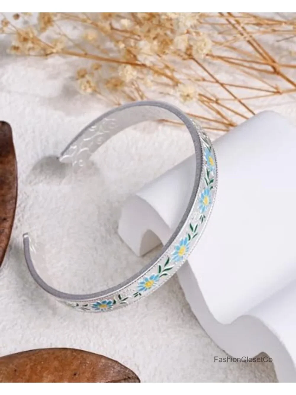 Silver Cuff Bracelet with Floral Blue Pattern Adjustable Bangle Boho Jewelry